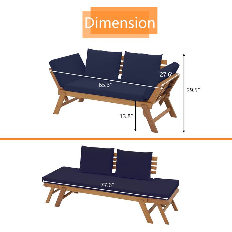 78" Outdoor Acacia Wood Expandable Daybed with Cushions Patio benches and Pool loungers