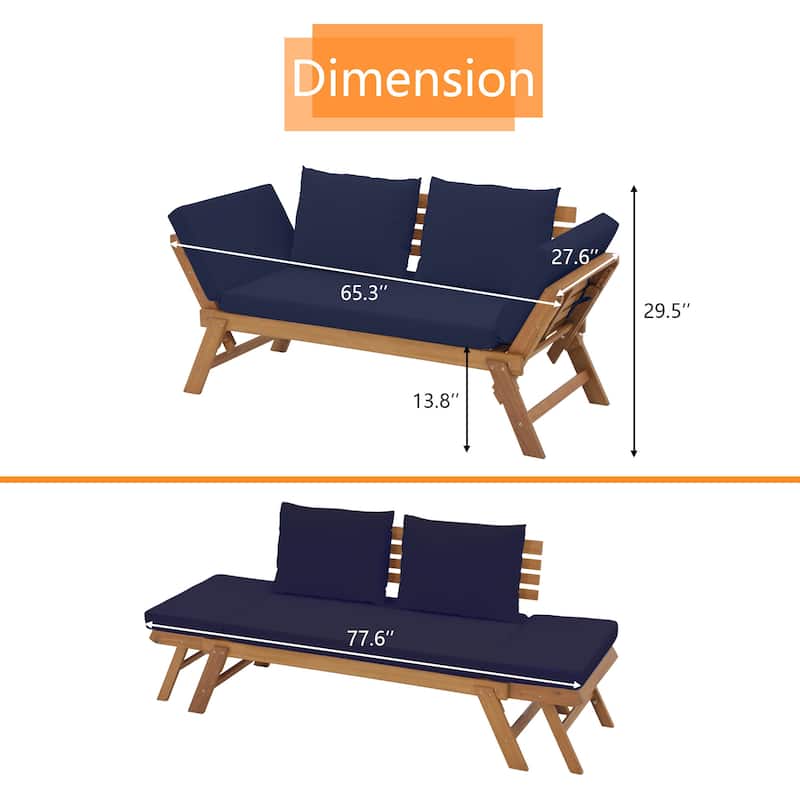 78" Outdoor Acacia Wood Expandable Daybed with Cushions Patio benches and Pool loungers