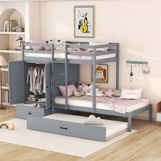 Gray Twin-over-Twin Pine Wood Bunk Bed with Wardrobe, Drawers, and Shelves, Full-Length Guardrail