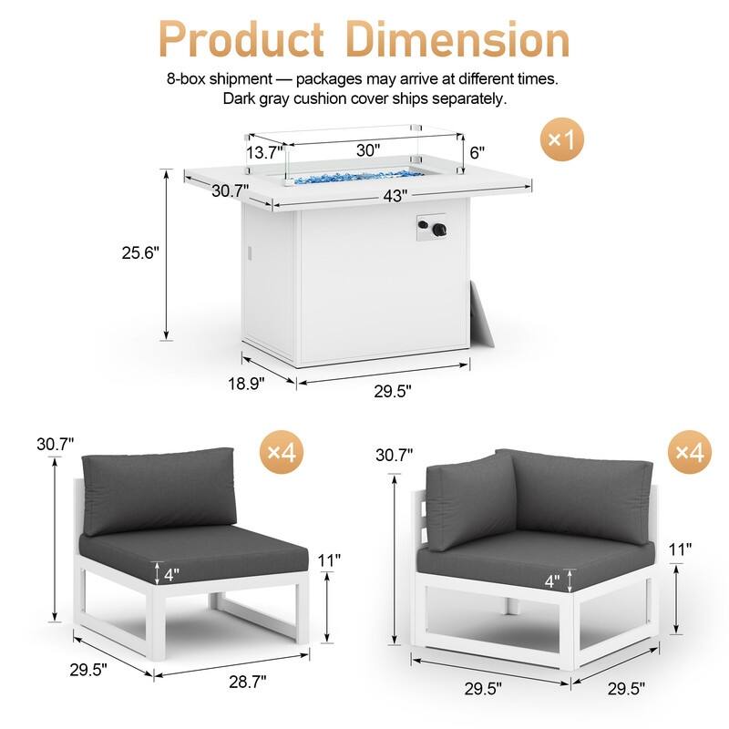 9-Piece Modern Aluminum Outdoor Furniture Set With Fire Pit Table Propane/Gas 60,000 BTU, Extra Large Aluminum Patio Sectional