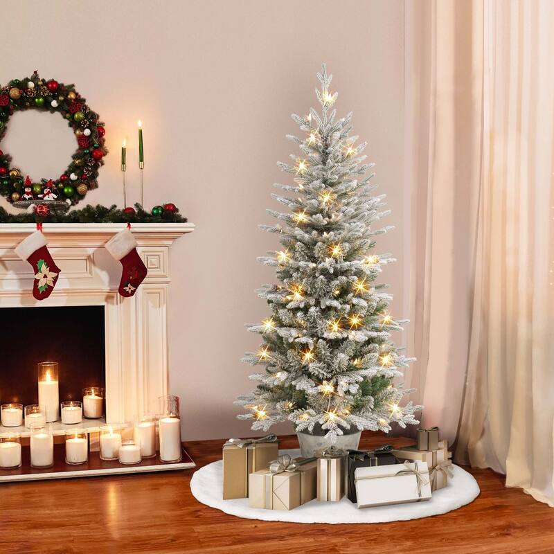 Pre-lit Potted Flocked Pine Medium Artificial Christmas Tree - 6’ - Clear Lights - 6 Foot