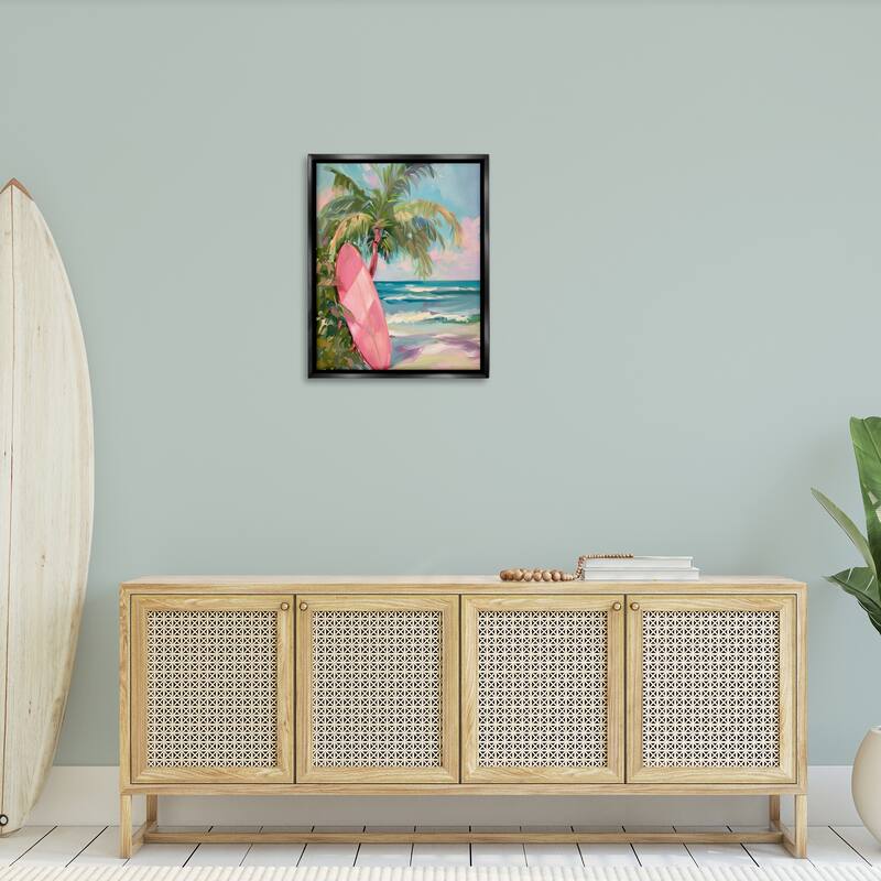 Stupell Pink Surfboard on Beach Framed Floater Canvas Wall Art Design By Arlington Prints