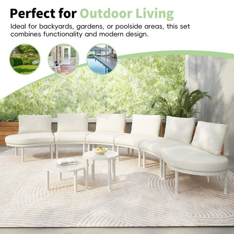 6/8-Piece Half Moon PE Wicker Patio Sectional Set with Dual Coffee Tables