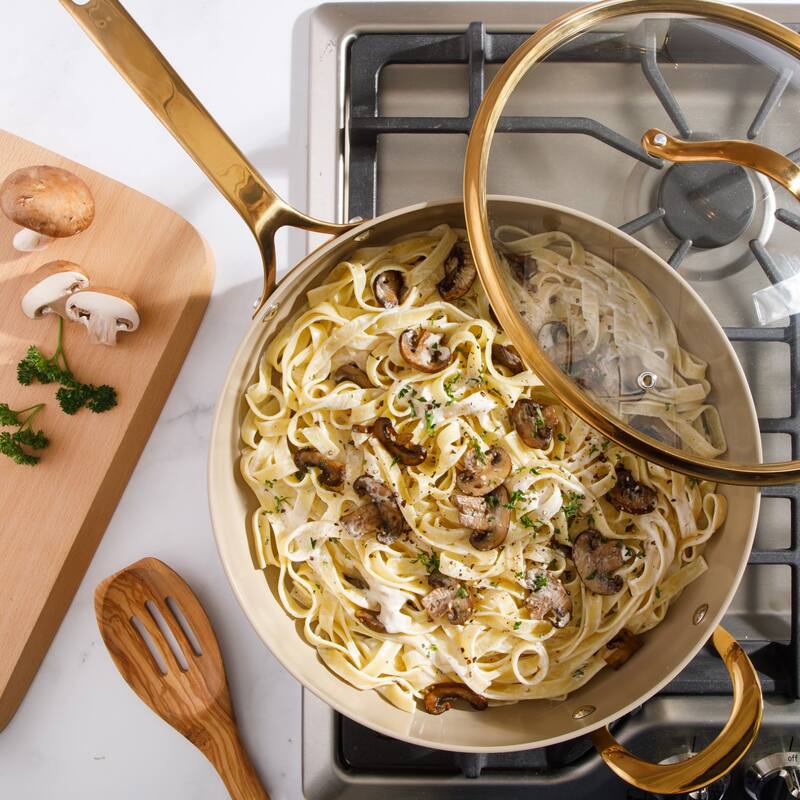 Bloomhouse 6 QT Heavy Duty Aluminum Premium PFA Free Ceramic Nonstick Frying Pan Skillet with Lid - Almond Cream