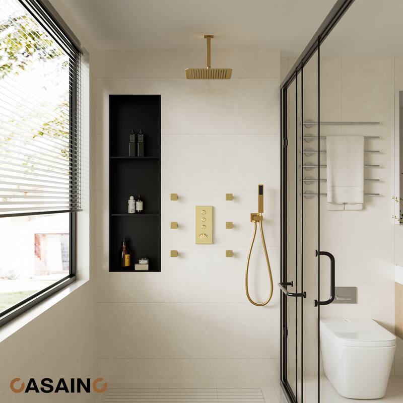 Luxury Thermostatic Shower System 1-Spray Patterns Ceiling Mount Fixed Shower Head and Handheld Spray with 6 Body Jets