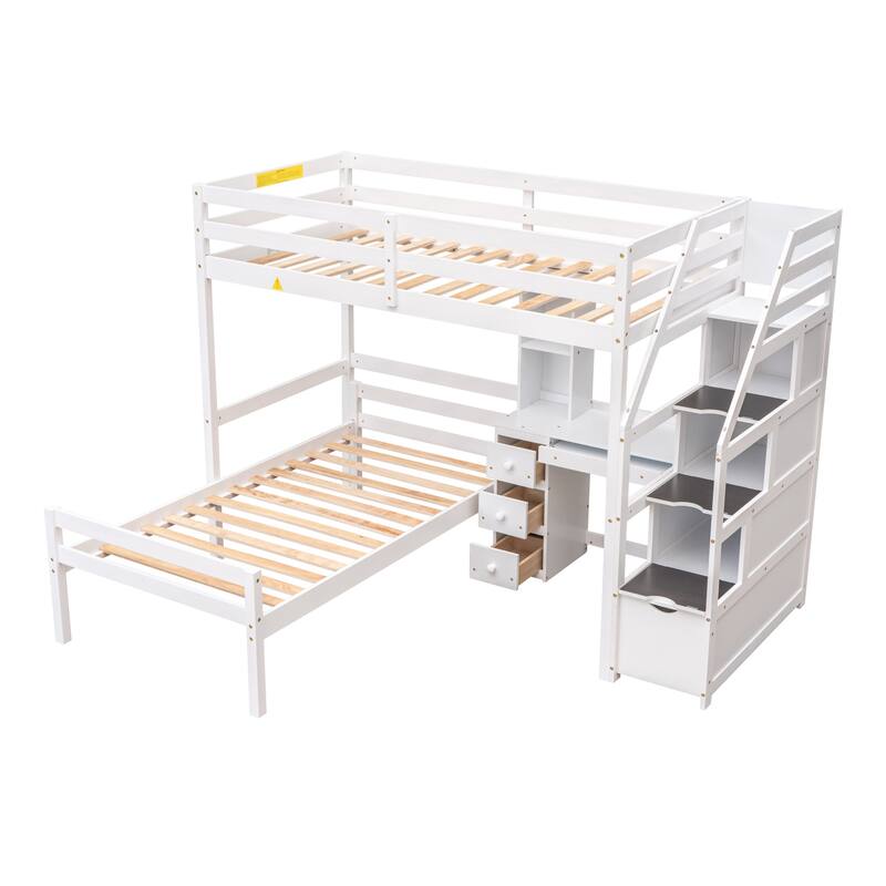 Twin Size Loft Bed with Stand-alone Bed, Storage Staircase, Desk, Shelves, and Drawers in White