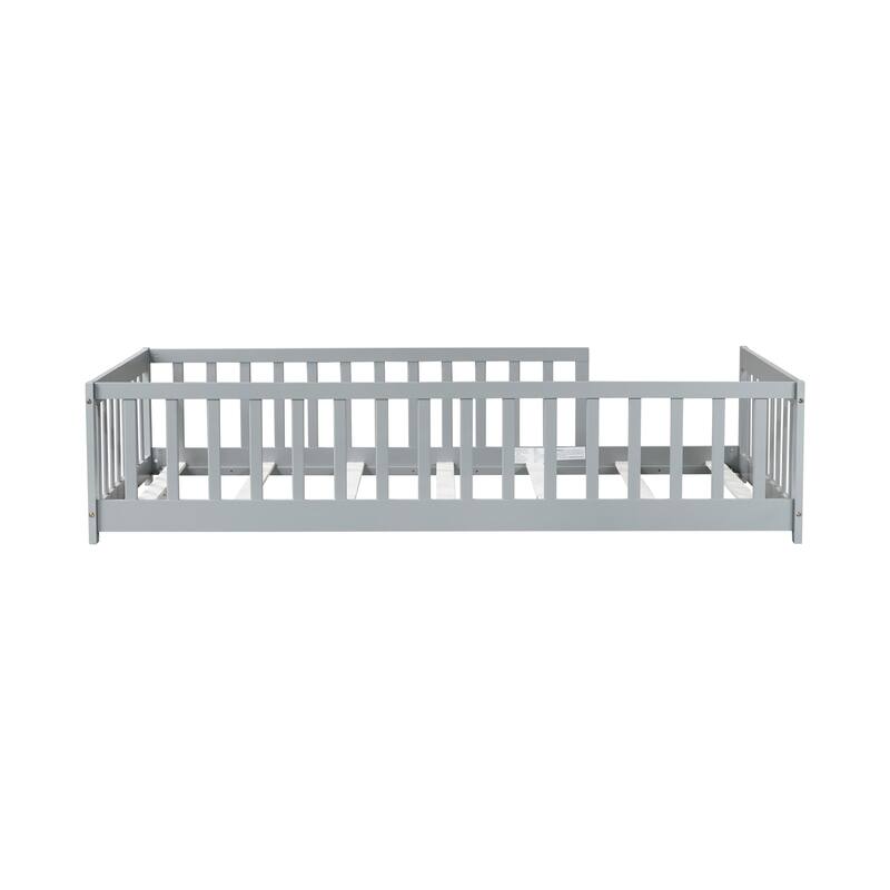 Montessori Twin Size Toddler Floor Bed with Fence without Door, Open-row Design Wood Frame Platform Bed with Safety Guardrails