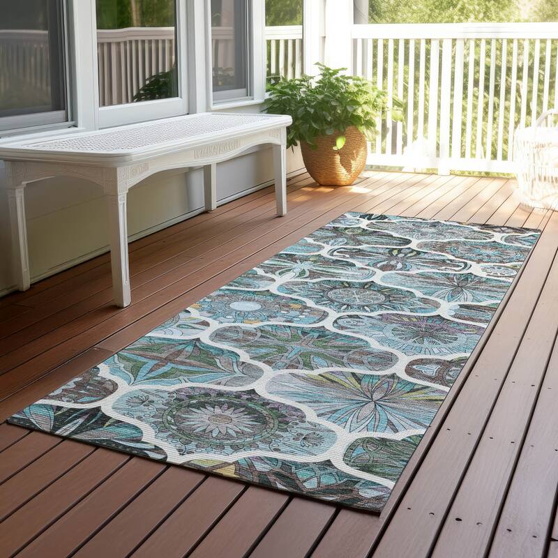 Machine Washable Indoor/ Outdoor Trellis Mosaic Chantille Rug - Teal - 2'3" x 7'6"