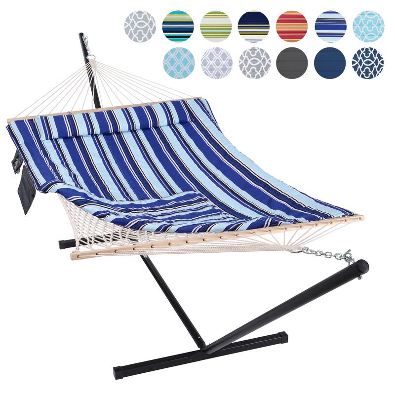 Hammock Double Hammock with Stand, Two Person Cotton Rope Hammock - 147.6(L)*52(W)*47.6(H) - Blue Stripes