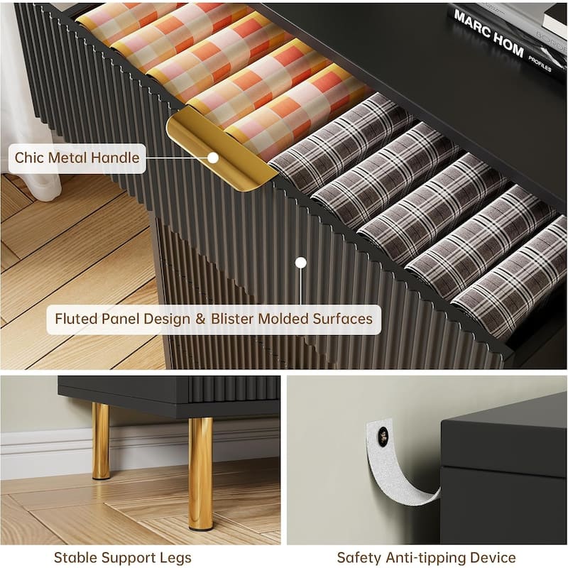 Modern 3 Drawer Dresser for Bedroom, Wood Chest with Gold Handle and Large Drawers for Living Room, Hallway, Entryway