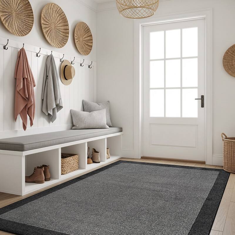 Modern Geometric Stripe Bordered Area Rug for Living Room, Bedroom, or Entryway - Low Pile Indoor Rug - Gray - 4' x 6'