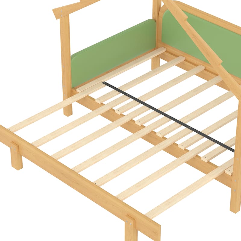 Twin Size Wood Treehouse bed with Soft Cushion Rails for Kids, Teens, Girls, Boys, Green