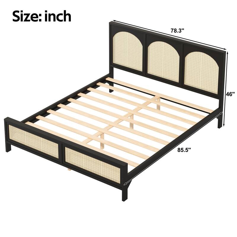 Roomfitters Queen/King Wood Platform Bed with Rattan Headboard and Footboard