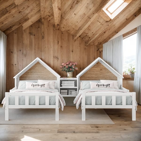 slide 2 of 12, Double Twin Platform Bed with Nightstand, House Headboard White