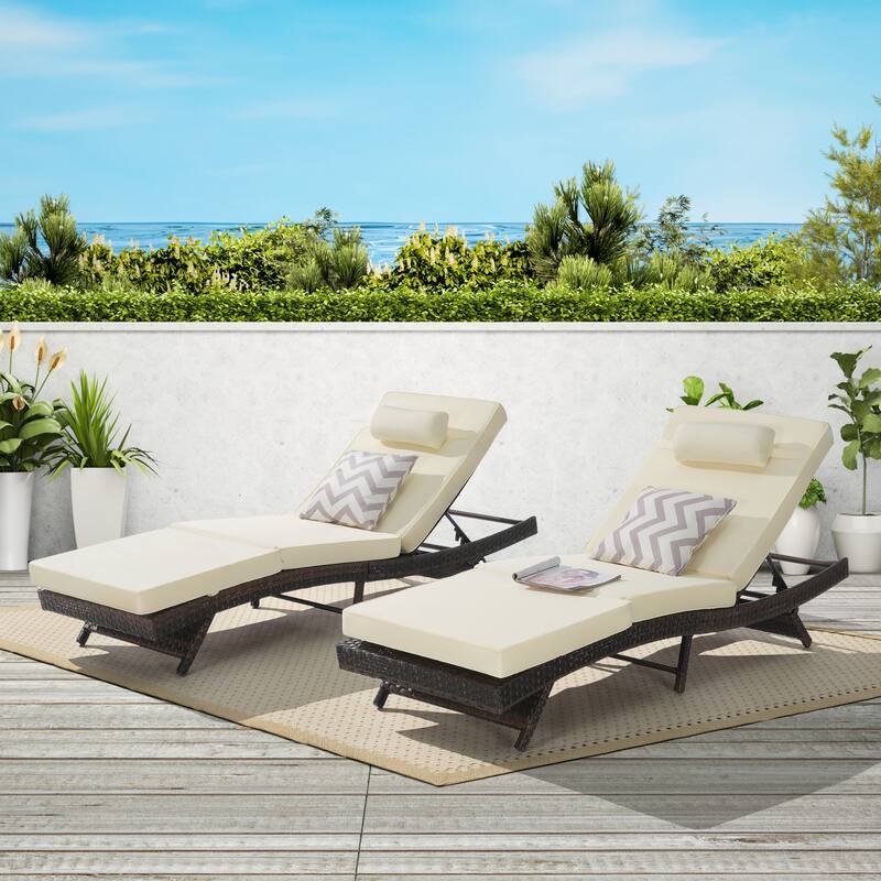 2 Piece Outdoor Wicker Long Reclining Chair Set, Sunbathing Recliner for Beach Poolside Garden