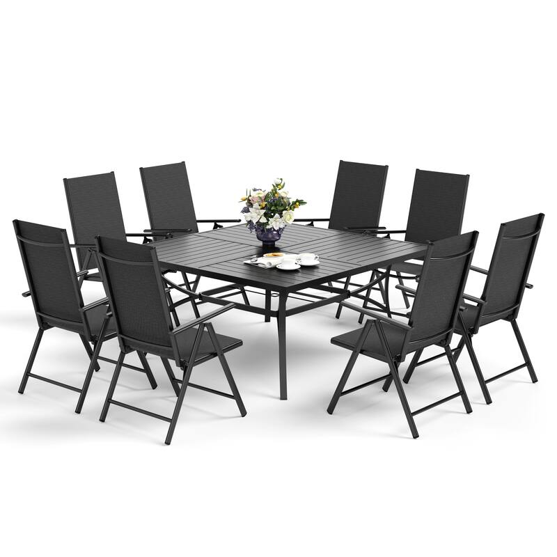 9 Pieces Patio Dining Set, 60 Inch Square Metal Table and Sling Dining Chairs Seats Up to 8