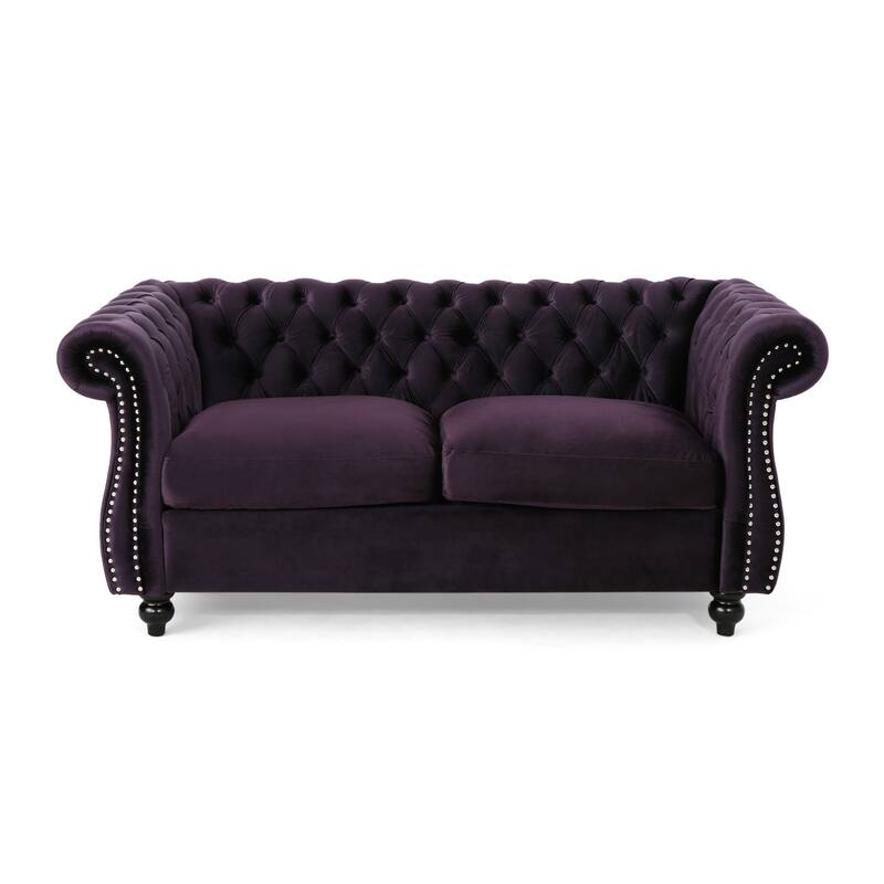 Elegant Chesterfield Loveseat Sofa with Velvet Upholstery, Nailhead Accents, and Rolled Armrests, for Living Room Bedroom