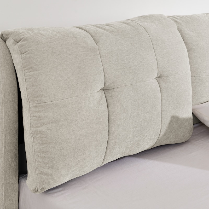 Hydraulic Storage Bed Frame Chenille Upholstered Platform Bed Queen Size Low Profile Bed with Integrated Headboard