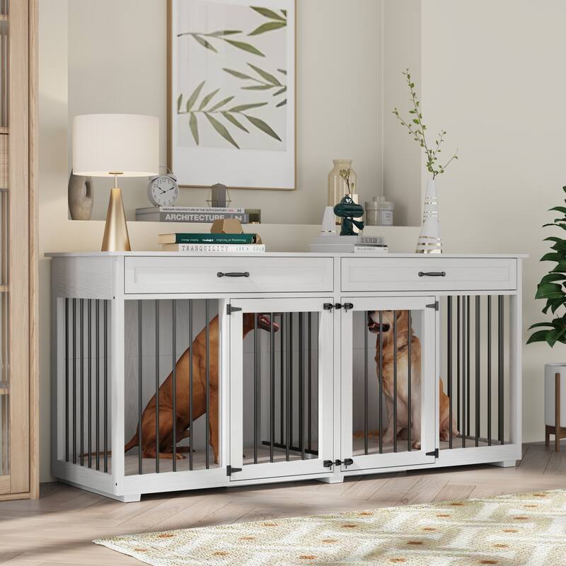 72.4 Inch Wooden Large Furniture Dog Crate with Drawers & Divider