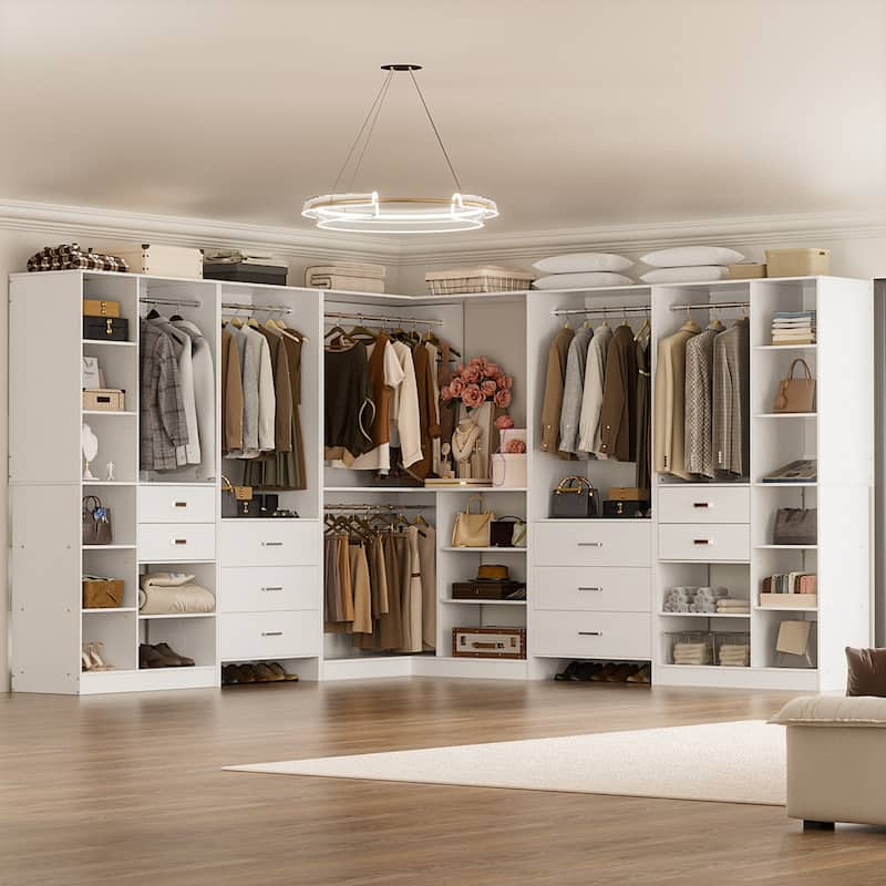 Rackcog Set of 5 Large Closet System with Drawers, Coner Closet Organizers with Hanging Rods and Shelves