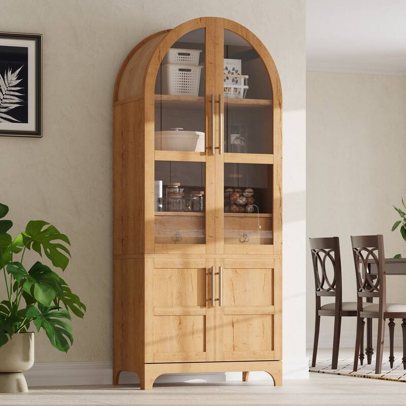 71" Tall Arched Kitchen Pantry Cabinet with Adjustable Shelves and Hidden Drawer for Stylish Storage Solutions - Natural