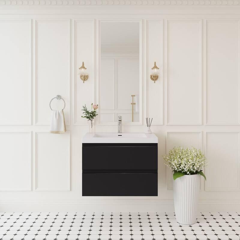 ABRUZZO 30" Floating Single Bathroom Vanity Wall-Mounted with Integrated Resin Top Basin 2 Soft Close Drawers Full Assembly