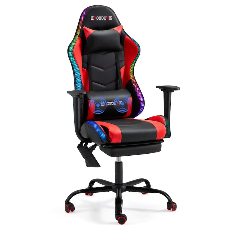 EROMMY RGB LED Gaming Chair with Massage Lumbar Support & Footrest, Ergonomic Reclining Computer Chair for Adults - Red