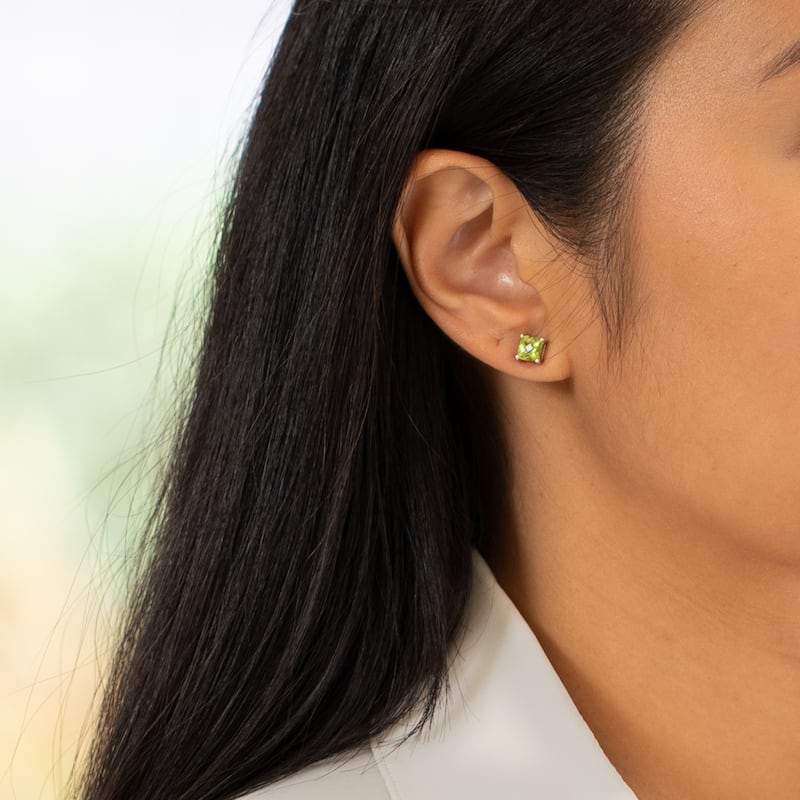 14k Yellow Gold Peridot Stud Earrings 2.24 ct Cushion Shape