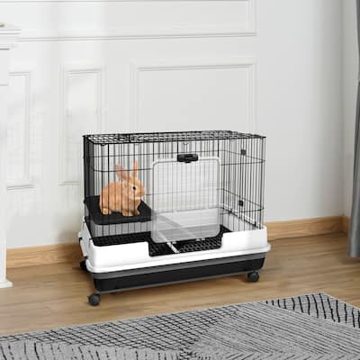 PawHut 2-Level Small Animal Cage Rabbit Hutch with Wheels, Removable Tray, Platform and Ramp for Bunny, Chinchillas, Ferret