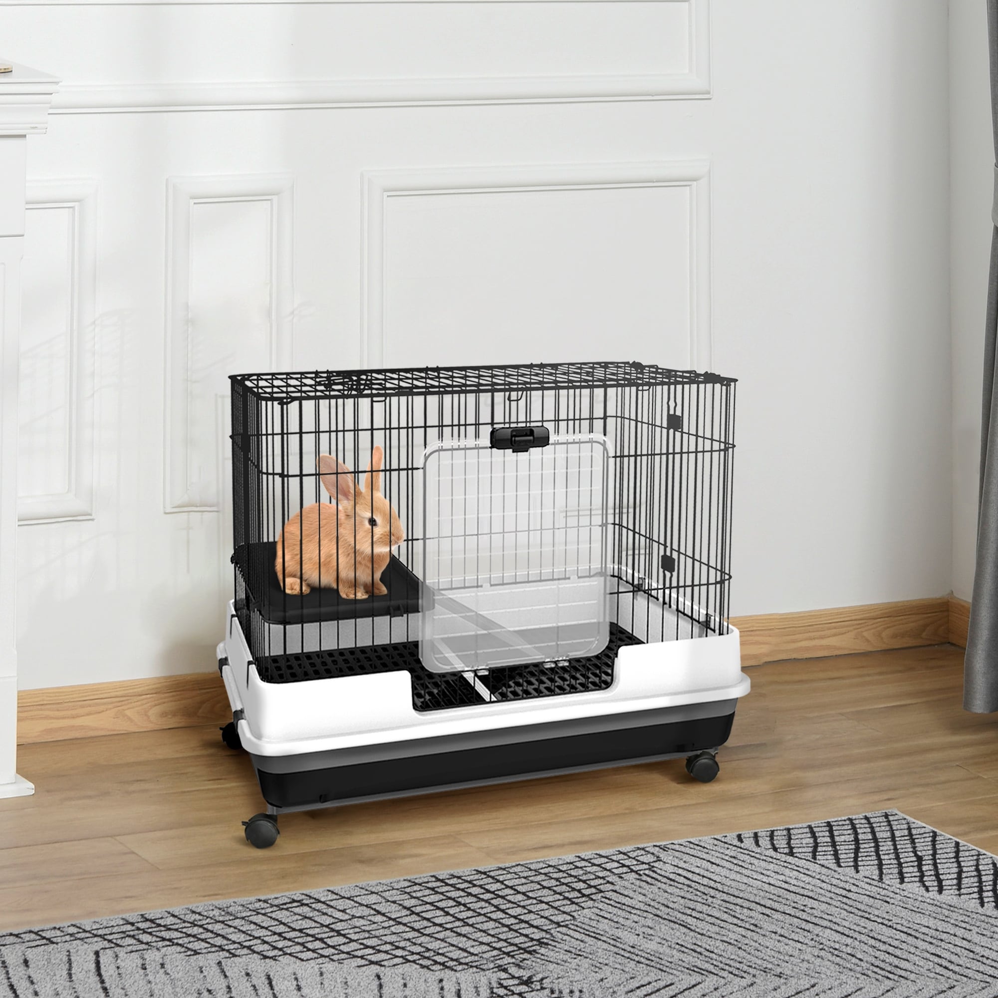 PawHut 2 Level Small Animal Cage Rabbit Hutch with Wheels
