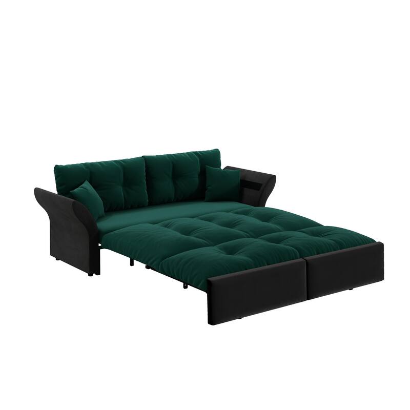 74.8" Convertible Sofa Bed with 2 Pillows, Velvet Loveseat Sleeper Couch, 2 Seater Upholstered Folding Sofa Bed with Flared Arms