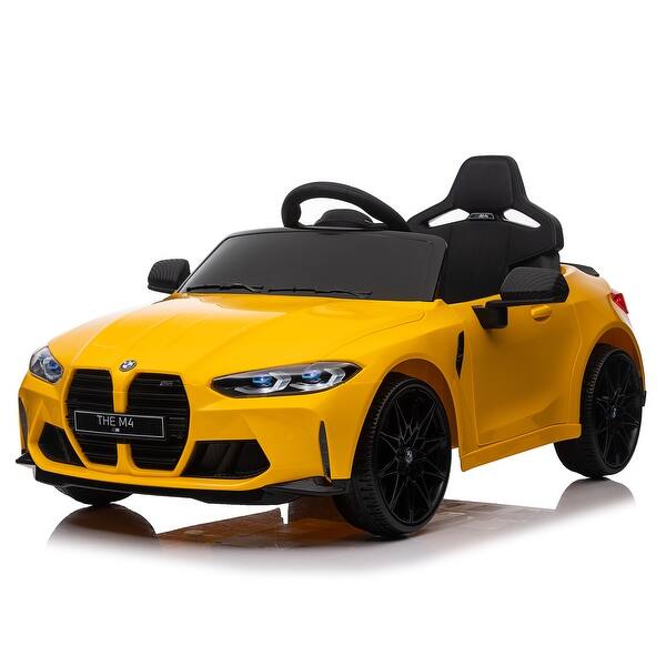 slide 2 of 40, Realistic BMW M4 12V Ride-On Toy for Kids with Bluetooth, MP3, Remote Control, Rear Suspension, LED Lights, and Soft Start Yellow