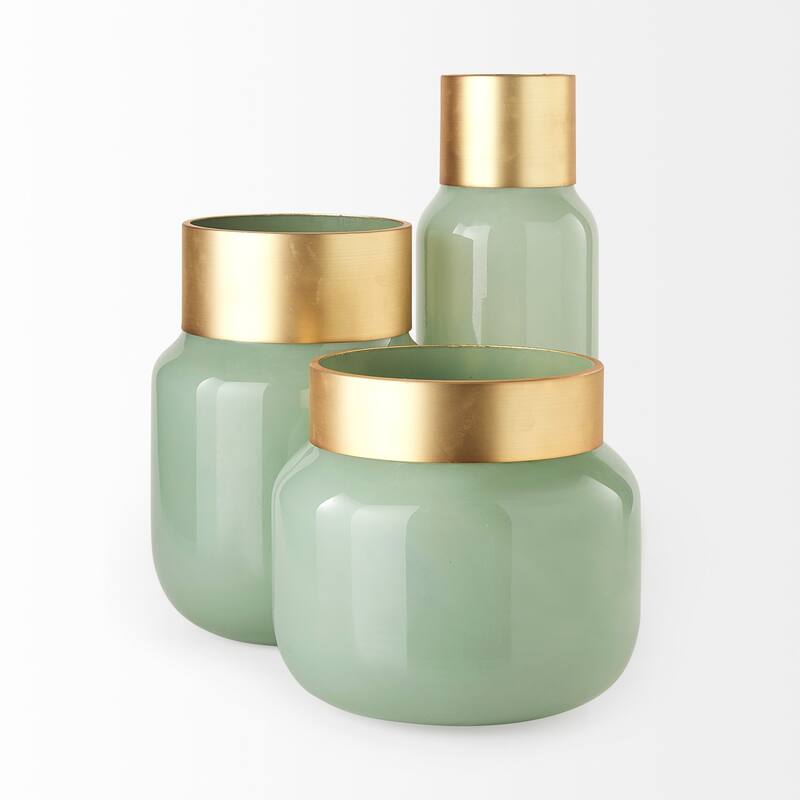 Minty Green Glass With Gold Metal Top Vase (12")
