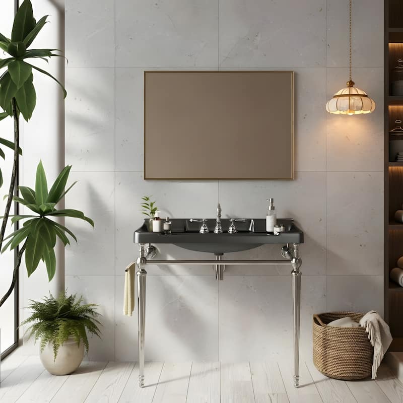 Wall-Mounted Bathroom Vanity with Ceramic Basin and Metal Legs - 36 - Chrome+Black