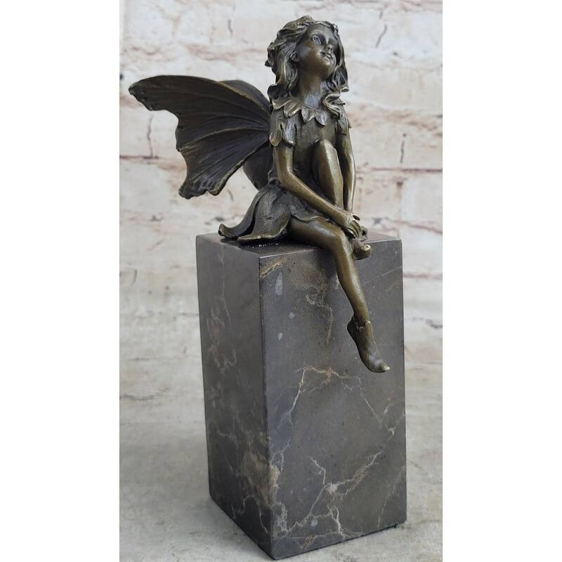 Young Child Winged Fairy Angel Bronze Sculpture Statue Figure On Marble Base