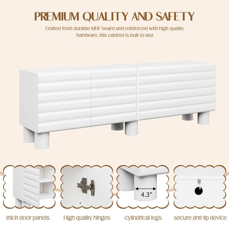 75 inch TV Stand Media Console with 4 Cabinets, Cream Wavy Door Cabinet with Cylindrical Legs & Cable Management