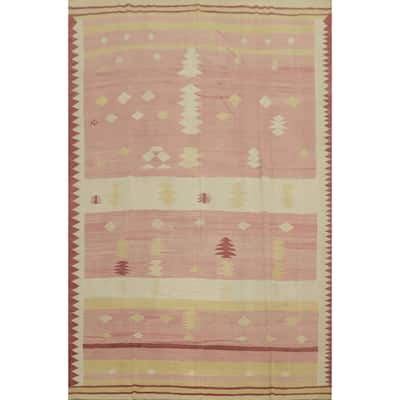 Hand Woven Oriental 100% Wool Carpet Southwestern Tribal Pink Kilim Area Rug - 13' 1'' X 9' 5''
