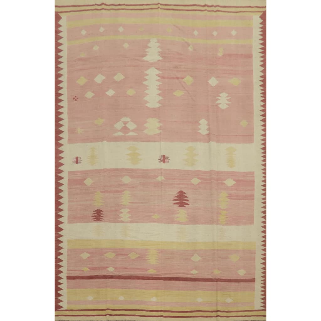 Hand Woven Oriental 100% Wool Carpet Southwestern Tribal Pink Kilim Area Rug - 13' 1'' X 9' 5''