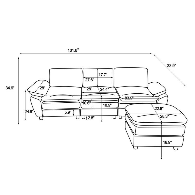 102" Three-seat Chenille L-shaped Sectional Sofa with Ottoman