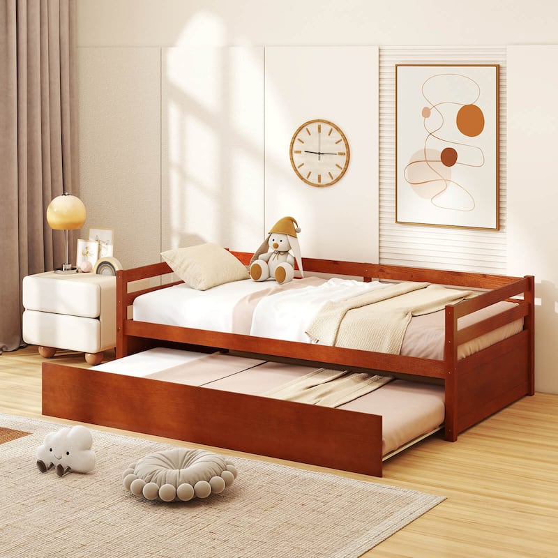 Costway Twin Size Trundle Daybed Wooden Slat Support Mattress Platform
