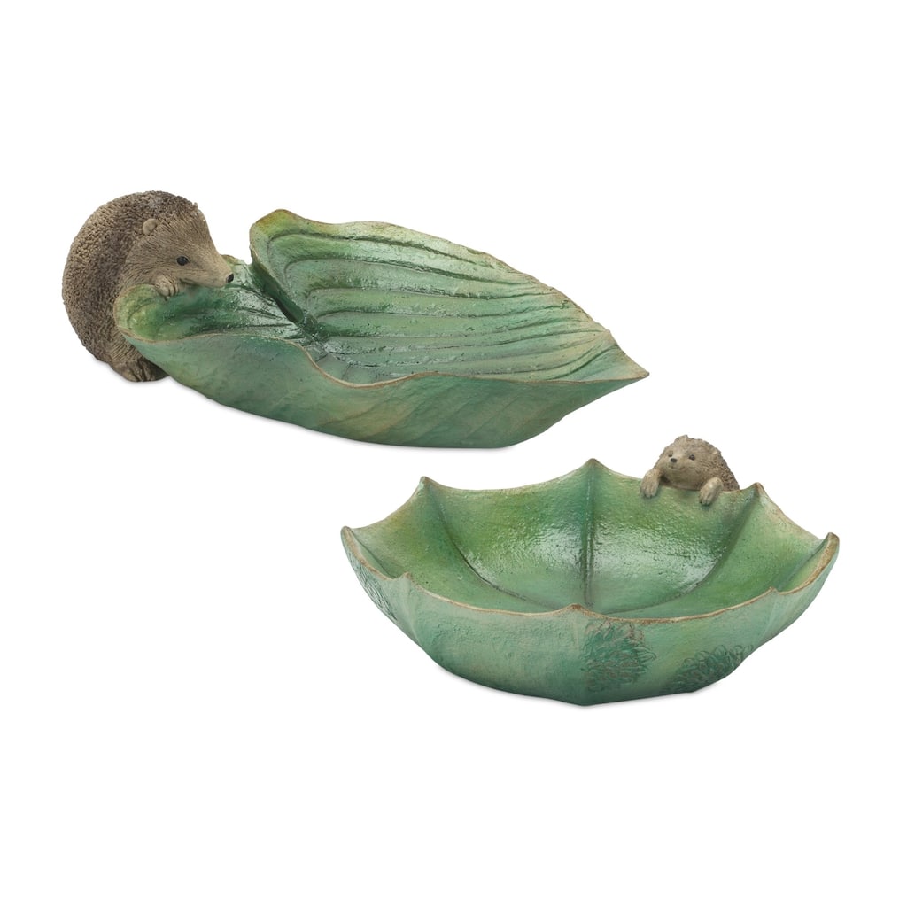 Hedgehog with Leaf and Umbrella Bird Bath - 13.25" - Set of 2