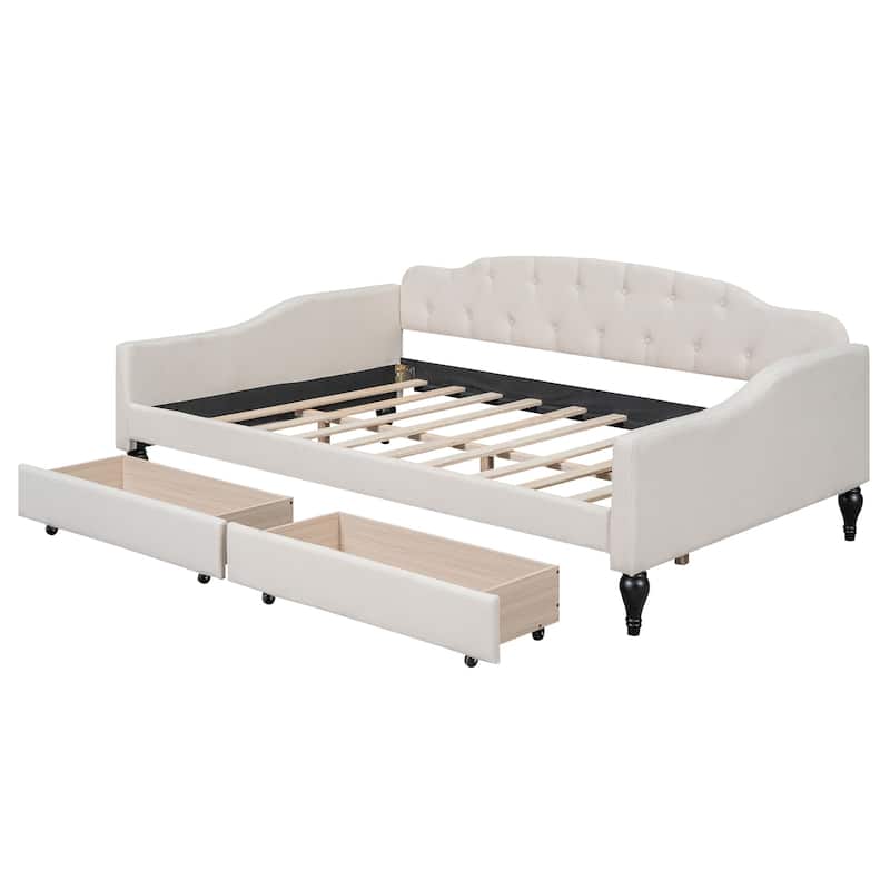 Beige Multifunctional Design Full Size Upholstered Tufted Daybed with Two Drawers for Bedroom