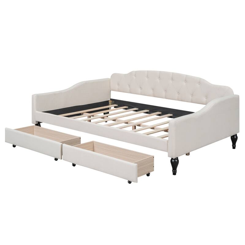 Full Size Upholstered Tufted Daybed with Two Drawers in Beige
