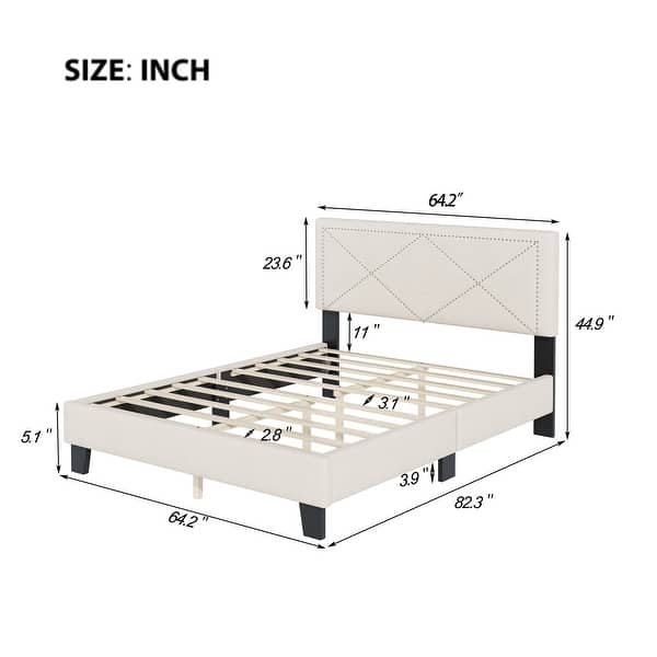 dimension image slide 0 of 2, Simple Queen Bed Frame with Velvet Upholstered Headboard and Rivet Details