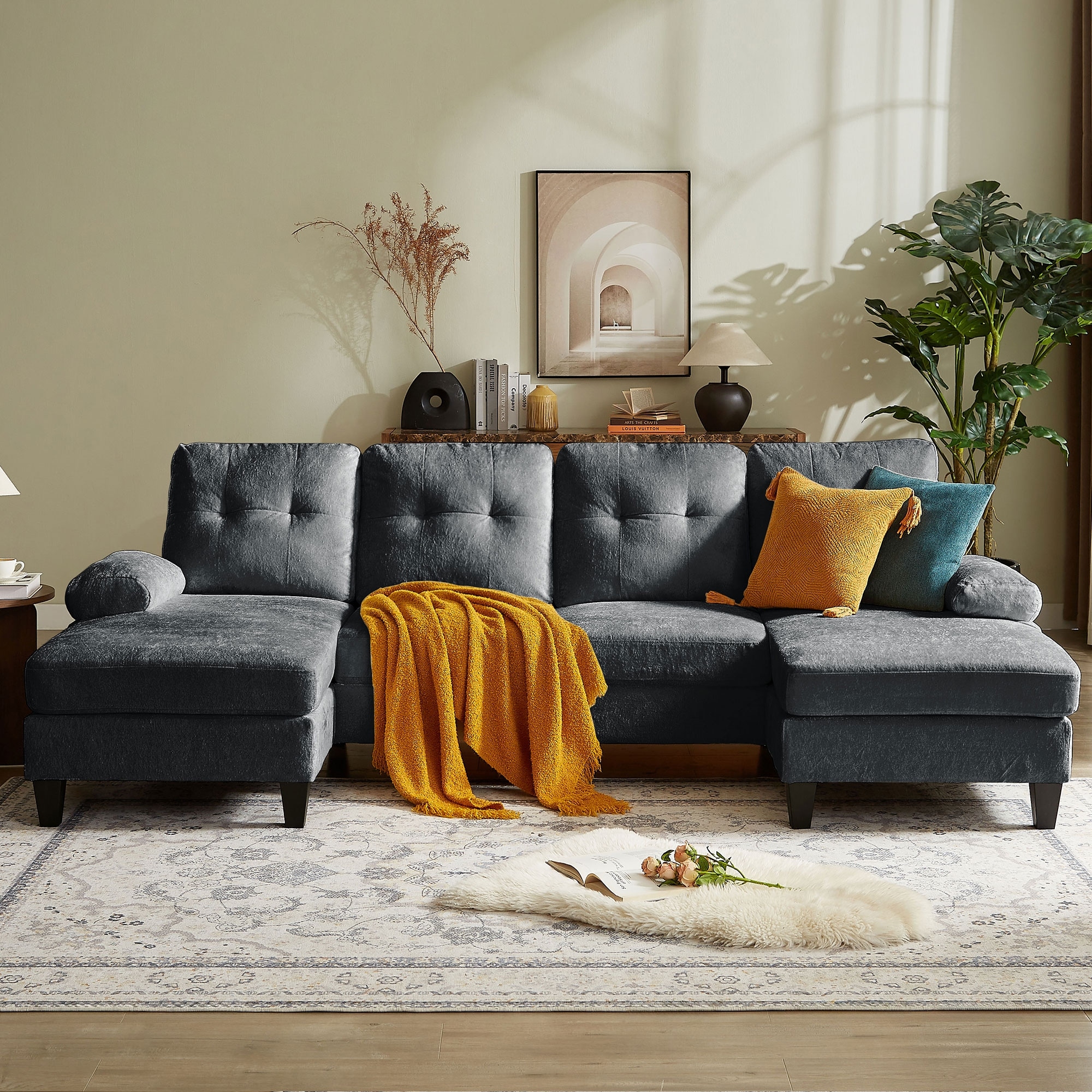 105" Chenille U-Shaped Sectional Sofa with Double chaise