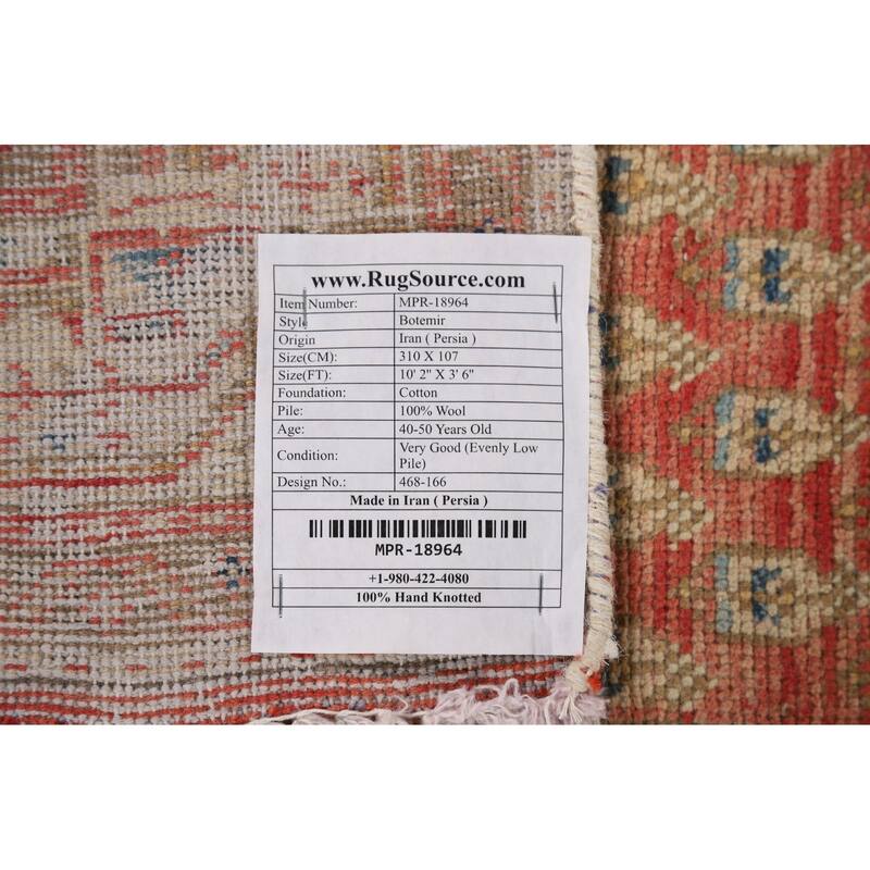 Geometric Botemir Persian Vintage Runner Rug Handmade Wool Carpet - 3'6" x 10'2"