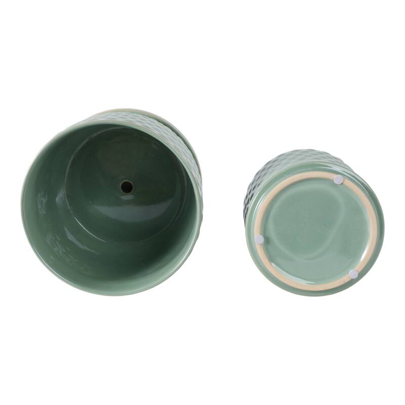 Ceramic Planters with Textured Bubble Surface and Saucers (Set of 2) - 8" x 8" x 7"