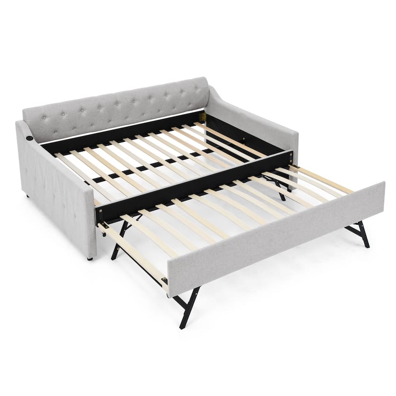 Upholstery Daybed with Twin Size Erectable Trundle and USB Charging Design