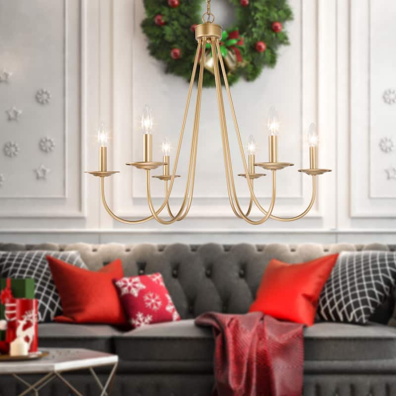 Rella Modern Farmhouse Chandelier 6-light Classic Candle Metal Dining Room Pendant - Light Gold - D28" x H24"