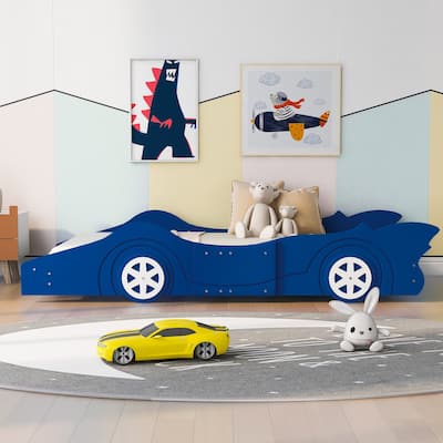 Twin Race Car-Shaped Platform Bed with Wheels with Support Slats Blue